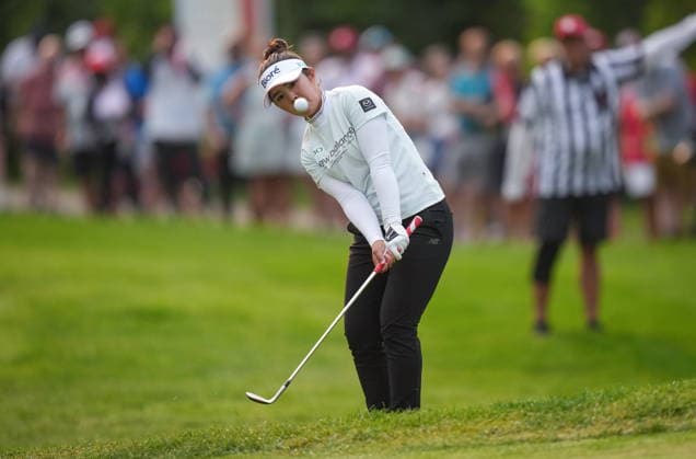 August 22, 2026, Edmonton, Ab, CANADA: Miyu Yamashita, of Japan, chips onto the green with her second shot on the 17th hole during the third round at the LPGA, Golf Damen CPKC Canadian Women s Open golf tournament, in Edmonton, on Saturday, Aug. 22, 2026. Canada News - August 22, 2026  - ZUMAc35_ 20260822_zaf_c35_153 Copyright: xDarrylxDyckx
