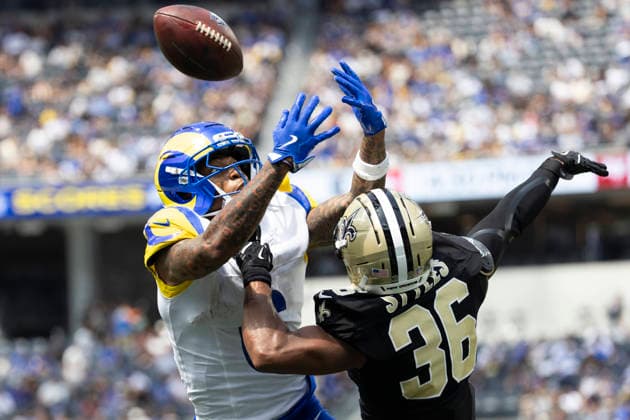 Rams Vs Saints in Los Angeles, US - 22 Aug 2026 New Orleans Saints Safety Lorenzo Styles (36) defects a pass intended for Los Angeles Rams Wide Receiver CJ Daniels (6) during an NFL, American Football Herren, USA football preseason game, in Inglewood, Calif. Final scores; Rams 34:0 Saints. Los Angeles United States Copyright: xRingoxChiux xSOPAxImagesx 20260822RC.LArams_031