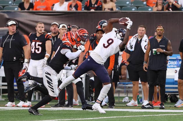 CINCINNATI, OH - AUGUST 22: Chicago Bears wide receiver Jahdae Walker (9) catches a pass during the preseason game between the Chicago Bears and the Cincinnati Bengals at Paycor Stadium on August 22, 2026 in Cincinnati, OH. (Photo by Ian Johnson Icon Sportswire) NFL, American Football Herren, USA AUG 22 Bears at Bengals EDITORIAL USE ONLY Icon260822018