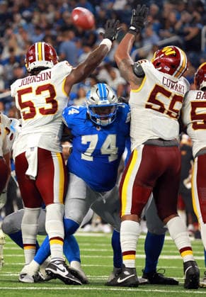 Washington Commanders vs Detroit Lions DETROIT,MICHIGAN-AUGUST 22: Detroit Lions offensive tackle Melvin Priestly (74) holds the line agains Washington Commanders defensive end DJ Johnson (53) and Washington Commanders defensive tackle Byron Cowart (55) during the kick in the second half of an NFL, American Football Herren, USA preseason football game between the Washington Commanders and the Detroit Lions in Detroit, Michigan USA, on Saturday, August 22, 2026 Detroit Michigan United States  Copyright: xAmyxLemusx originalFilename:lemus-washingt260822_npHRS.jpg