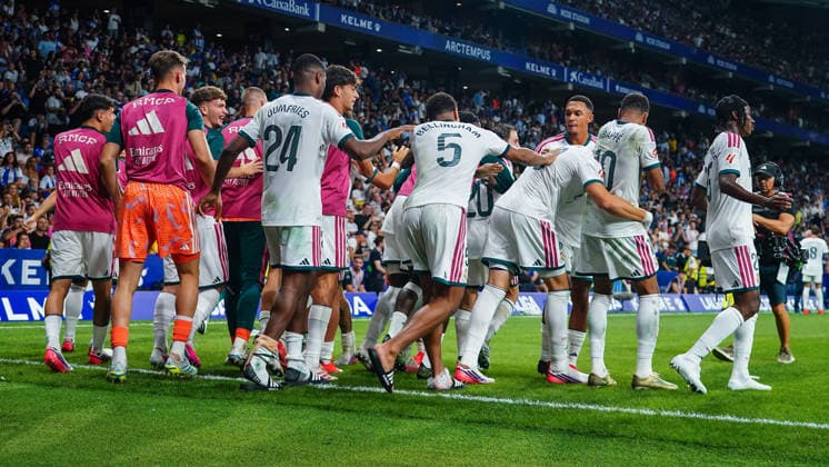 ESP: RCD Espanyol - Real Madrid. La Liga EA Sports. Matchday 2 Carlos Espi of Real Madrid celebrates after scoring the 1-2 at minute 90 during the La Liga EA Sports match between RCD Espanyol and Real Madrid played at RCDE Stadium on August 22, 2026 in Barcelona, Spain. kpng Copyright: xBaguxBlancox xPRESSINPHOTOx PS_2627_ESP_RMA_1167