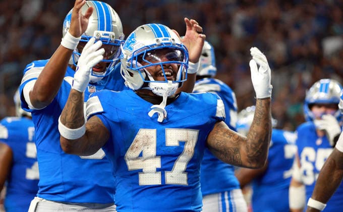 Washington Commanders vs Detroit Lions DETROIT,MICHIGAN-AUGUST 22: Detroit Lions running back Trayveon Williams (47) celebrates a touchdown during the second half of an NFL, American Football Herren, USA preseason football game between the Washington Commanders and the Detroit Lions in Detroit, Michigan USA, on Saturday, August 22, 2026 Detroit Michigan United States  Copyright: xAmyxLemusx originalFilename:lemus-washingt260822_npjjD.jpg