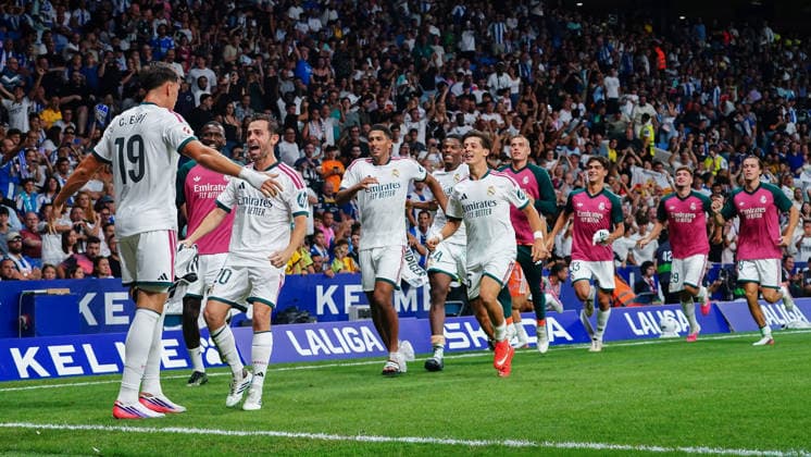 ESP: RCD Espanyol - Real Madrid. La Liga EA Sports. Matchday 2 Carlos Espi of Real Madrid celebrates after scoring the 1-2 at minute 90 during the La Liga EA Sports match between RCD Espanyol and Real Madrid played at RCDE Stadium on August 22, 2026 in Barcelona, Spain. kpng Copyright: xBaguxBlancox xPRESSINPHOTOx PS_2627_ESP_RMA_1162