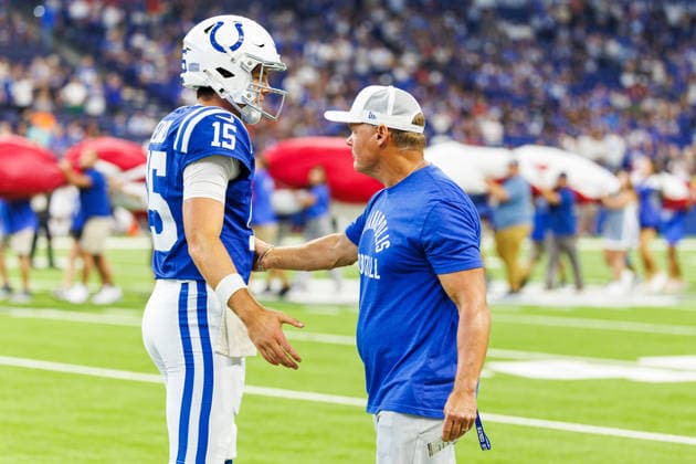 Aug 22, 2026; Indianapolis, Indiana, USA; Indianapolis Colts quarterback Riley Leonard (15) and Indianapolis Colts general manager Chris Ballard during pregame of NFL, American Football Herren, USA preseason game against the Atlanta Falcons at Lucas Oil Stadium. Mandatory Credit: -Cal Media - ZUMAc04_ 20260822_zma_c04_368 Copyright: xJohnxMersitsx