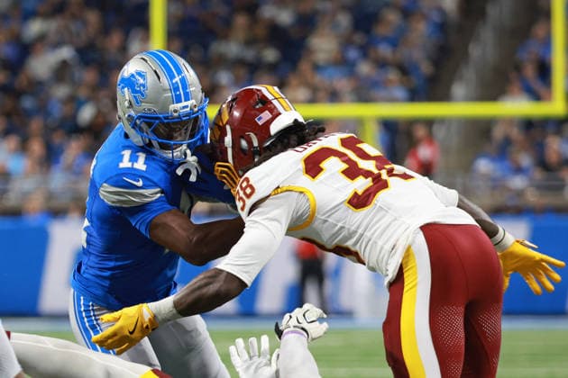 Washington Commanders vs Detroit Lions DETROIT,MICHIGAN-AUGUST 22: Wide receiver Lucky Jackson 11 of the Detroit Lions runs the ball against cornerback Fred Davis II 38 of the Washington Commanders during the second half of an NFL, American Football Herren, USA preseason football game between the Washington Commanders and the Detroit Lions in Detroit, Michigan USA, on Saturday, August 22, 2026 Detroit Michigan United States  Copyright: xJorgexLemusx originalFilename:lemus-washingt260822_npQjQ.jpg