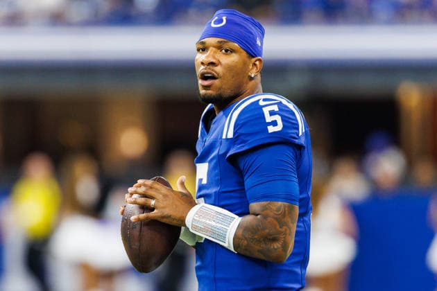 Aug 22, 2026; Indianapolis, Indiana, USA; Indianapolis Colts quarterback Anthony Richardson (5) during pregame of NFL, American Football Herren, USA preseason game against the Atlanta Falcons at Lucas Oil Stadium. Mandatory Credit: -Cal Media - ZUMAc04_ 20260822_zma_c04_375 Copyright: xJohnxMersitsx