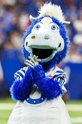 Aug 22, 2026; Indianapolis, Indiana, USA; Indianapolis Colts mascot Blue during pregame of NFL, American Football Herren, USA preseason game against the Atlanta Falcons at Lucas Oil Stadium. Mandatory Credit: -Cal Media - ZUMAc04_ 20260822_zma_c04_376 Copyright: xJohnxMersitsx