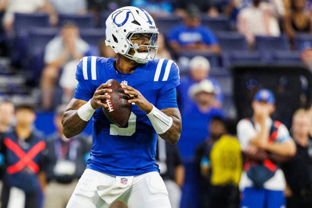 Aug 22, 2026; Indianapolis, Indiana, USA; Indianapolis Colts quarterback Anthony Richardson (5) sets in the pocket during NFL, American Football Herren, USA preseason game action against the Atlanta Falcons at Lucas Oil Stadium. Mandatory Credit: -Cal Media - ZUMAc04_ 20260822_zma_c04_381 Copyright: xJohnxMersitsx