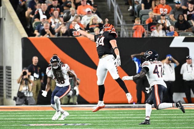 August 22, 2026: Cincinnati Bengals tight end Jack Endries (84) misses the pass against the Chicago Bears in their game in Cincinnati, Ohio. Cal Media Cincinnati USA - ZUMAc04_ 20260822_zma_c04_386 Copyright: xBrentxClarkx