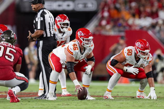 Aug 22, 2026; Tampa, Florida, USA; Kansas City Chiefs guard Mike Caliendo (66) ready to snap the ball during an NFL, American Football Herren, USA game between the Kansas City Chiefs and Tampa Bay Buccaneers at Raymond James Stadium in Tampa, Florida. Mandatory Credit: Taylor McFee-Cal Media Tampa USA - ZUMAc04_ 20260822_zma_c04_408 Copyright: xTaylorxMcfeex