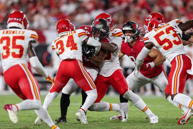 Aug 22, 2026; Tampa, Florida, USA; Tampa Bay Buccaneers running back Sean Tucker (44) is tackled after a short gain during an NFL, American Football Herren, USA game between the Kansas City Chiefs and Tampa Bay Buccaneers at Raymond James Stadium in Tampa, Florida. Mandatory Credit: Taylor McFee-Cal Media Tampa USA - ZUMAc04_ 20260822_zma_c04_407 Copyright: xTaylorxMcfeex