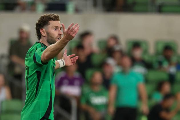AUSTIN, TX - AUGUST 22: Defender Jon Gallagher 17 of the Austin FC reacts after missing a chance during the MLS, Fussball Herren, USA match between Austin FC and Philadelphia Union on August 22, 2026, at Q2 Stadium in Austin, TX. (Photo by David Buono Icon Sportswire) SOCCER: AUG 22 MLS Austin FC vs Philadelphia Union EDITORIAL USE ONLY Icon260822019