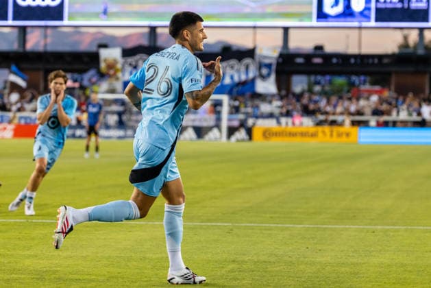SAN JOSE, CA - AUGUST 22: Joaquin Pereyra 26 of Minnesota United FC celebrates a goal in the first half of a MLS, Fussball Herren, USA match against the San Jose Earthquakes on August 22, 2026 at PayPal Park in San Jose, CA. (Photo by Matthew Huang Icon Sportswire) SOCCER: AUG 22 MLS San Jose Earthquakes vs Minnesota United FC EDITORIAL USE ONLY Icon260822133