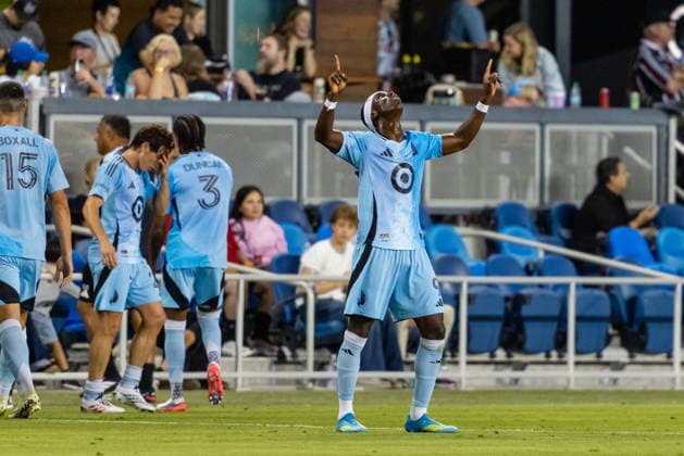 SAN JOSE, CA - AUGUST 22: Kelvin Yeboah 9 of Minnesota United FC celebrates a goal in the first half of a MLS, Fussball Herren, USA match against the San Jose Earthquakes on August 22, 2026 at PayPal Park in San Jose, CA. (Photo by Matthew Huang Icon Sportswire) SOCCER: AUG 22 MLS San Jose Earthquakes vs Minnesota United FC EDITORIAL USE ONLY Icon260822144