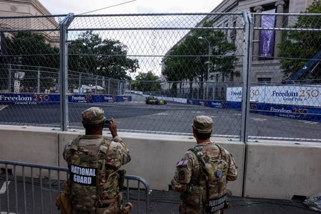 NTT IndyCar, Indy Car, IRL, USA series Freedom 250 Qualifying in Washington, DC WASHINGTON, D.C., UNITED STATES - AUGUST 22: Members of the National Guard watch the NTT INDYCAR Series Freedom 250 in Washington, D.C., on August 22, 2026. U.S. President Donald Trump established the Freedom 250 Grand Prix weekend as part of the yearlong celebration marking the 250th anniversary of the United States. Mehmet Eser Anadolu District of Columbia United States. Editorial use only. Please get in touch for any other usage.  Copyright: x2026xAnadoluxMehmetxEserx