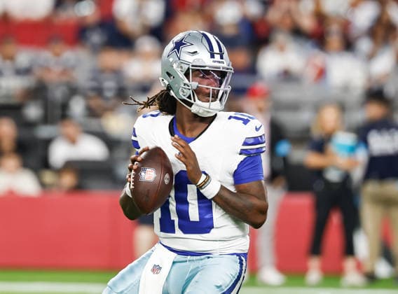 August 22, 2026, U.S.: August 22nd, 2026, Glendale, Arizona, USA: Dallas Cowboys quarterback Joe Milton III (10) looks for open receivers during an NFL, American Football Herren, USA football preseason game between the Dallas cowboys and Arizona Cardinals U.S. - ZUMAv153 20260822_zsp_v153_017 Copyright: xDavidxVeneziax