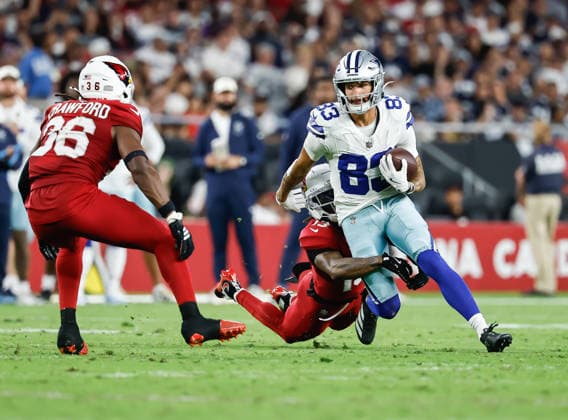 August 22, 2026, U.S.: August 22nd, 2026, Glendale, Arizona, USA: Dallas Cowboys wide receiver Anthony Smith (83) runs the ball up field while being tackled by Arizona Cardinals cornerback Kei trel Clark (13) during an NFL, American Football Herren, USA football preseason game between the Dallas cowboys and Arizona Cardinals U.S. - ZUMAv153 20260822_zsp_v153_013 Copyright: xDavidxVeneziax