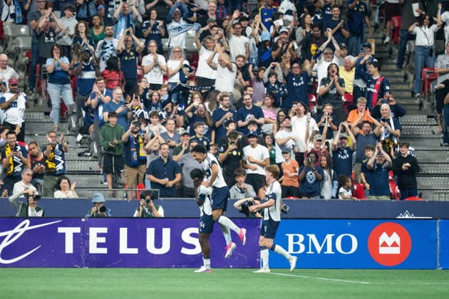 August 22, 2026, Vancouver, Bc, CANADA: Vancouver Whitecaps Bruno Caicedo (14) celebrates his goal against FC Dallas with Rayan Elloumi (19) and Oliver Larraz (8) during the second half of an MLS, Fussball Herren, USA soccer match in Vancouver, on Saturday, August 22, 2026. Canada News - August 22, 2026  - ZUMAc35_ 20260822_zaf_c35_225 Copyright: xEthanxCairnsx