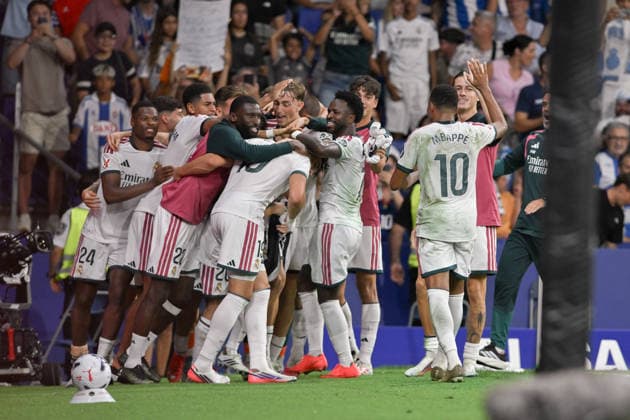 RCD ESPANYOL v REAL MADRID RCDE STADIUM BARCELONA. Aug 22, 2026 iRCD ESPANYOL vs REAL MADRID Aug 22,2026 C. Espi (19) of Real Madrid celebrates scoring his team s second goal with teammates during the match between RCD Espanyol and Real Madrid corresponding to the second day of La Liga EA Sports at RCDE Stadium in Barcelona, Spain. Cornella El Prat ESP Copyright: xS.xRosx