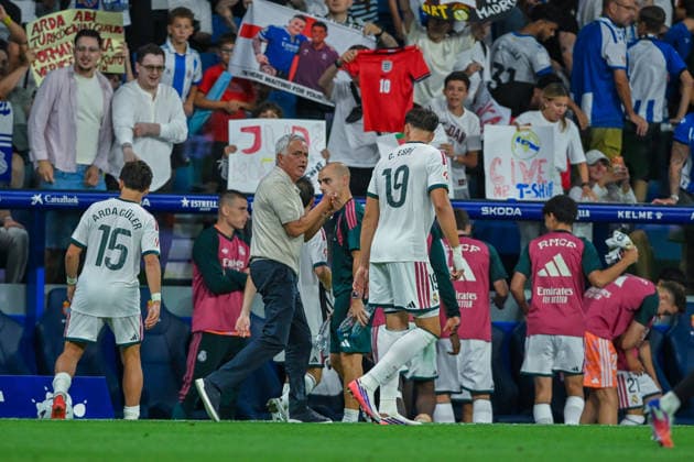RCD ESPANYOL v REAL MADRID RCDE STADIUM BARCELONA. Aug 22, 2026 RCD ESPANYOL vs REAL MADRID Aug 22,2026 C. Espi (19) of Real Madrid celebrates scoring his team s second goal with Jose Mourinho head coach of Real Madrid during the match between RCD Espanyol and Real Madrid corresponding to the second day of La Liga EA Sports at RCDE Stadium in Barcelona, Spain. Cornella El Prat ESP Copyright: xS.xRosx