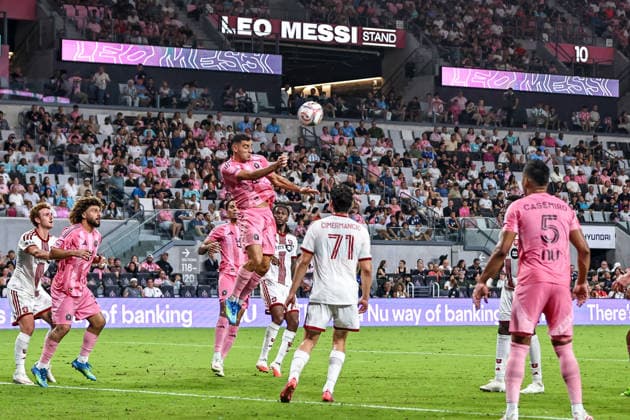 MIAMI, FL - AUGUST 22: German Berterame (19) of Inter Miami CF heads a ball clear during the MLS, Fussball Herren, USA match between Toronto FC and Inter Miami CF on August 22,2026 at NU Stadium, Miami, Fla.(Photo by Chris Arjoon Icon Sportswire) SOCCER: AUG 22 MLS Inter Miami CF vs Toronto FC EDITORIAL USE ONLY Icon2608220000028