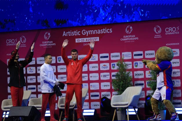 Zagreb, 22.08.2026. - 37TH EUROPEAN MEN™S ARTISTIC GYMNASTICS, Men s Artistic Gymnastics Apparatus Final Parallel bars Individual SENIORS. Medal ceremony: GOLD (CRO) KOVTUN Illia SILVER (TUR) ARICAN Ferhat BRONZE (GBR) FRASER Joe Men s Artistic Gymnastics Apparatus Final Parallel bars Individual SENIORS  2S6A8162.JPG