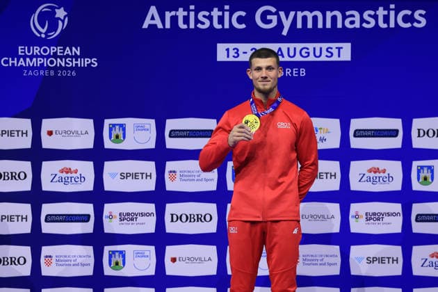 Zagreb, 22.08.2026. - 37TH EUROPEAN MEN™S ARTISTIC GYMNASTICS, Men s Artistic Gymnastics Apparatus Final Parallel bars Individual SENIORS. Medal ceremony: GOLD (CRO) KOVTUN Illia SILVER (TUR) ARICAN Ferhat BRONZE (GBR) FRASER Joe Men s Artistic Gymnastics Apparatus Final Parallel bars Individual SENIORS  2S6A8205.JPG