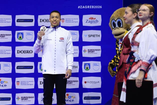 Zagreb, 22.08.2026. - 37TH EUROPEAN MEN™S ARTISTIC GYMNASTICS, Men s Artistic Gymnastics Apparatus Final Parallel bars Individual SENIORS. Medal ceremony: BRONZE (GBR) FRASER Joe Men s Artistic Gymnastics Apparatus Final Parallel bars Individual SENIORS  2S6A8162.JPG