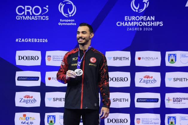 Zagreb, 22.08.2026. - 37TH EUROPEAN MEN™S ARTISTIC GYMNASTICS, Men s Artistic Gymnastics Apparatus Final Parallel bars Individual SENIORS. Medal ceremony: SILVER (TUR) ARICAN Ferhat Men s Artistic Gymnastics Apparatus Final Parallel bars Individual SENIORS  2S6A8186.JPG