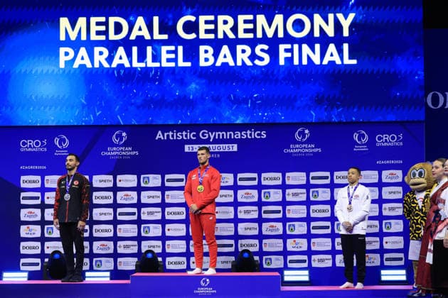 Zagreb, 22.08.2026. - 37TH EUROPEAN MEN™S ARTISTIC GYMNASTICS, Men s Artistic Gymnastics Apparatus Final Parallel bars Individual SENIORS. Medal ceremony: GOLD (CRO) KOVTUN Illia SILVER (TUR) ARICAN Ferhat BRONZE (GBR) FRASER Joe Men s Artistic Gymnastics Apparatus Final Parallel bars Individual SENIORS  2S6A8222.JPG