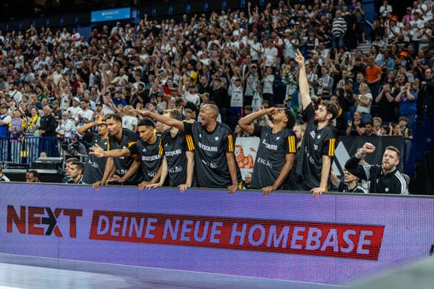 Basketball Hamburg 22.08.2026 Turkish Airlines Supercup 2026 Finale Deutschland (GER) - Kroatien (CRO) Jubel Deutschland Oscar da Silva (Deutschland, No.01) Maodo Lo (Deutschland, No.04) Malte Delow (Deutschland, No.20) Louis Olinde (Deutschland, No.16) Kostja Mushidi (Deutschland, No.29) Kay Patrick Bruhnke (Deutschland, No.19) Isaiah Hartenstein vlnr. *** Basketball Hamburg, August 22, 2026, Turkish Airlines Super Cup 2026 Final: Germany (GER) vs. Croatia (CRO). Germany celebrates: Oscar da Silva (Germany), No. 01 Maodo Lo (Germany), No. 04 Malte Delow (Germany), No. 20 Louis Olinde (Germany), No. 16 Kostja Mushidi Germany, No. 29 Kay Patrick Bruhnke Germany, No. 19 Isaiah Hartenstein (from left to right)