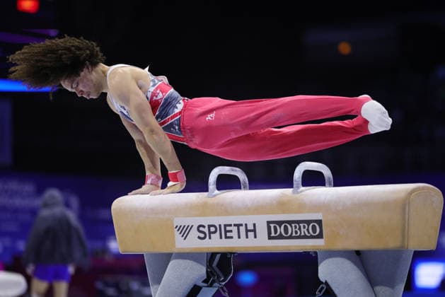 Zakaine Fawzi-McCaffrey, GBR, during juniors pommels final at 2026 Europeans in Zagreb; 22 08 2026; *** Zakaine Fawzi McCaffrey, GBR, during the junior pommel horse final at the 2026 European Championships in Zagreb on August 22, 2026 
