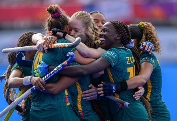 Day Nine South Africa mob team-mate Edith Molikoe after a stunning goal to equalise against Chile during the Pool G classification match in the 2026 FIH Hockey World Cup at Wagener Stadium, Amstelveen 23 08 2026 UK Newspapers OUT Copyright: xGraemexWilcocksonx FIL-23821-0004