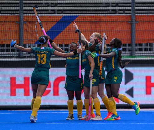 Day Nine South Africa celebrate a third goal against Chile during the match Pool G classification match in the 2026 FIH Hockey World Cup at Wagener Stadium, Amstelveen 23 08 2026 UK Newspapers OUT Copyright: xGraemexWilcocksonx FIL-23821-0007
