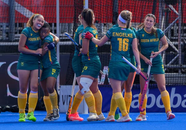 Day Nine South Africa celebrate a third goal against Chile during the match Pool G classification match in the 2026 FIH Hockey World Cup at Wagener Stadium, Amstelveen 23 08 2026 UK Newspapers OUT Copyright: xGraemexWilcocksonx FIL-23821-0009