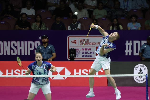 Thom Gicquel of France and Delphine Delrue of France in action during a final match of mix double during the BWF World Championships 2026 at Indira Gandhi Indoor Stadium, in New Delhi on August 23, 2026. New Delhi India Copyright: xAnshumanxAkashx