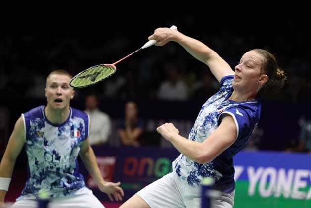 Thom Gicquel of France and Delphine Delrue of France in action during a final match of mix double during the BWF World Championships 2026 at Indira Gandhi Indoor Stadium, in New Delhi on August 23, 2026. New Delhi India Copyright: xAnshumanxAkashx