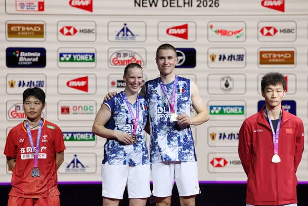 Thom Gicquel of France and Delphine Delrue of France during medal ceremony of a final match of mix double during the BWF World Championships 2026 at Indira Gandhi Indoor Stadium, in New Delhi on August 23, 2026. New Delhi India Copyright: xAnshumanxAkashx