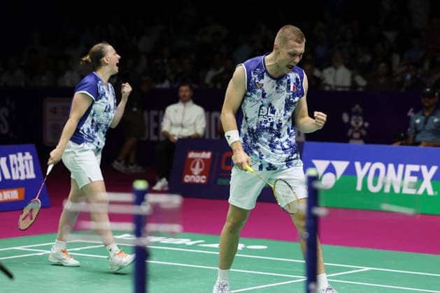Thom Gicquel and Delphine Delrue Badminton World Champions - New Delhi Thom Gicquel of France and Delphine Delrue of France compete in the final match of mixed doubles during the BWF World Championships 2026 at Indira Gandhi Indoor Stadium in New Delhi, India on August 23, 2026. Photo by Anshuman Akash ABACAPRESS.COM New Delhi India  Copyright: xAkashxAnshuman ABACAx