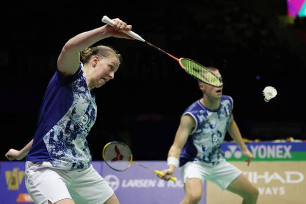 Thom Gicquel and Delphine Delrue Badminton World Champions - New Delhi Thom Gicquel of France and Delphine Delrue of France compete in the final match of mixed doubles during the BWF World Championships 2026 at Indira Gandhi Indoor Stadium in New Delhi, India on August 23, 2026. Photo by Anshuman Akash ABACAPRESS.COM New Delhi India  Copyright: xAkashxAnshuman ABACAx