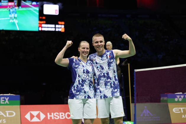 Thom Gicquel and Delphine Delrue Badminton World Champions - New Delhi Thom Gicquel of France and Delphine Delrue of France compete in the final match of mixed doubles during the BWF World Championships 2026 at Indira Gandhi Indoor Stadium in New Delhi, India on August 23, 2026. Photo by Anshuman Akash ABACAPRESS.COM New Delhi India  Copyright: xAkashxAnshuman ABACAx