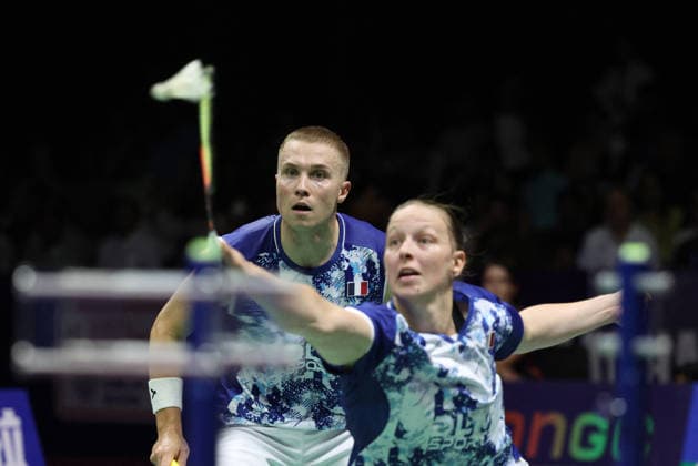 Thom Gicquel and Delphine Delrue Badminton World Champions - New Delhi Thom Gicquel of France and Delphine Delrue of France compete in the final match of mixed doubles during the BWF World Championships 2026 at Indira Gandhi Indoor Stadium in New Delhi, India on August 23, 2026. Photo by Anshuman Akash ABACAPRESS.COM New Delhi India  Copyright: xAkashxAnshuman ABACAx