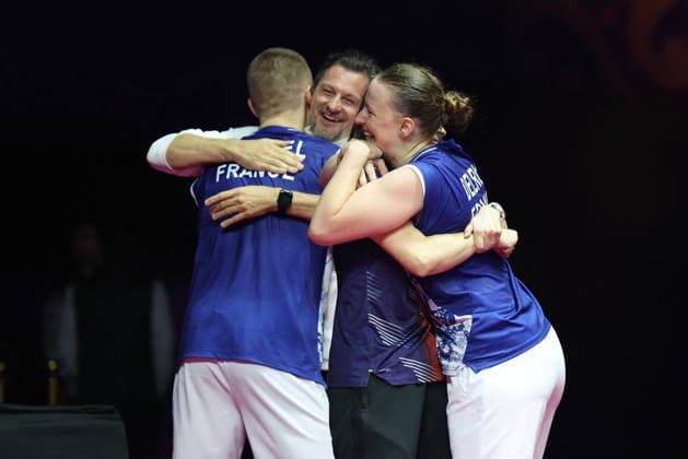 Thom Gicquel and Delphine Delrue Badminton World Champions - New Delhi Thom Gicquel of France and Delphine Delrue of France compete in the final match of mixed doubles during the BWF World Championships 2026 at Indira Gandhi Indoor Stadium in New Delhi, India on August 23, 2026. Photo by Anshuman Akash ABACAPRESS.COM New Delhi India  Copyright: xAkashxAnshuman ABACAx
