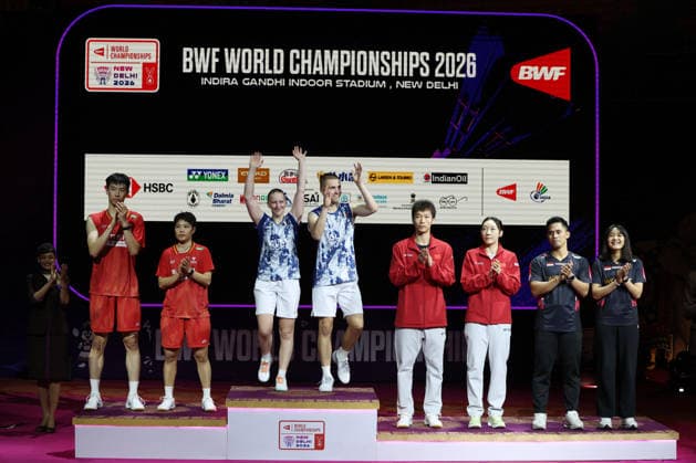 Thom Gicquel and Delphine Delrue Badminton World Champions - New Delhi Thom Gicquel of France and Delphine Delrue of France attend the medal ceremony after the final match of mixed doubles during the BWF World Championships 2026 at Indira Gandhi Indoor Stadium in New Delhi, India on August 23, 2026. Photo by Anshuman Akash ABACAPRESS.COM New Delhi India  Copyright: xAkashxAnshuman ABACAx