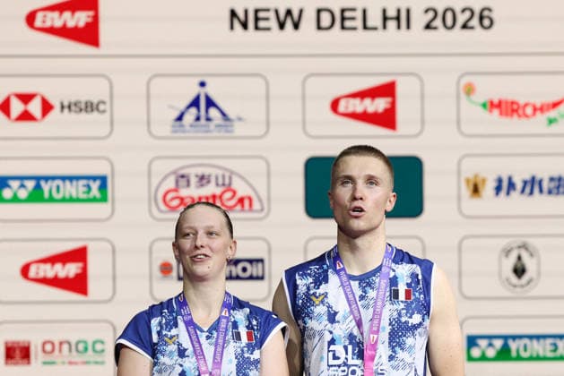 Thom Gicquel and Delphine Delrue Badminton World Champions - New Delhi Thom Gicquel of France and Delphine Delrue of France attend the medal ceremony after the final match of mixed doubles during the BWF World Championships 2026 at Indira Gandhi Indoor Stadium in New Delhi, India on August 23, 2026. Photo by Anshuman Akash ABACAPRESS.COM New Delhi India  Copyright: xAkashxAnshuman ABACAx