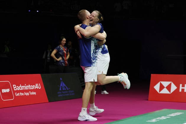 Thom Gicquel and Delphine Delrue Badminton World Champions - New Delhi Thom Gicquel of France and Delphine Delrue of France compete in the final match of mixed doubles during the BWF World Championships 2026 at Indira Gandhi Indoor Stadium in New Delhi, India on August 23, 2026. Photo by Anshuman Akash ABACAPRESS.COM New Delhi India  Copyright: xAkashxAnshuman ABACAx