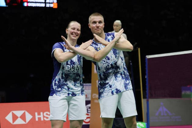Thom Gicquel and Delphine Delrue Badminton World Champions - New Delhi Thom Gicquel of France and Delphine Delrue of France compete in the final match of mixed doubles during the BWF World Championships 2026 at Indira Gandhi Indoor Stadium in New Delhi, India on August 23, 2026. Photo by Anshuman Akash ABACAPRESS.COM New Delhi India  Copyright: xAkashxAnshuman ABACAx