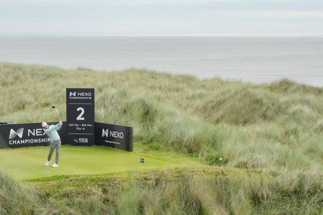 BALMEDIE, SCOTLAND - AUG 23: Lukas Nemecz (AUT) plays from the second tee during Round 4 at the 2026 Nexo Championship at the Trump International Golf Links, Balmedie on August 23, 2026 in Aberdeenshire, Scotland The 2026 Nexo Championship