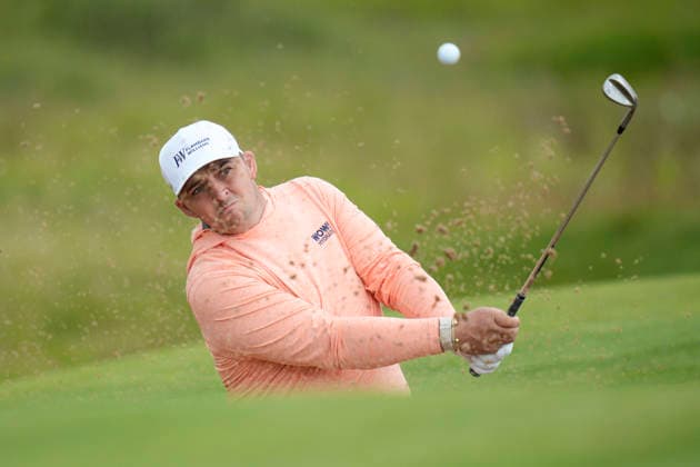 BALMEDIE, SCOTLAND - AUG 23: Marcus Armitage (ENG) plays from a green side bunker on the 3rd hole during Round 4 at the 2026 Nexo Championship at the Trump International Golf Links, Balmedie on August 23, 2026 in Aberdeenshire, Scotland The 2026 Nexo Championship