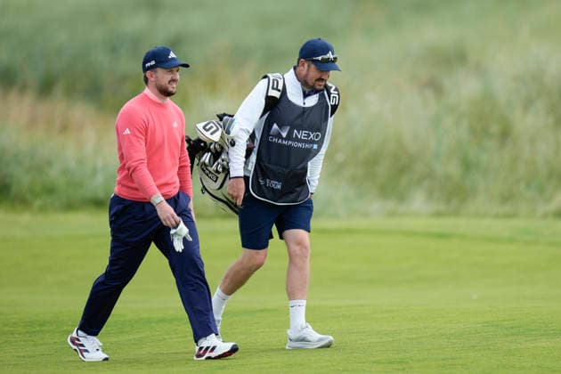 BALMEDIE, SCOTLAND - AUG 23: Connor Syme (SCO) walks up the second fairway during Round 4 at the 2026 Nexo Championship at the Trump International Golf Links, Balmedie on August 23, 2026 in Aberdeenshire, Scotland The 2026 Nexo Championship